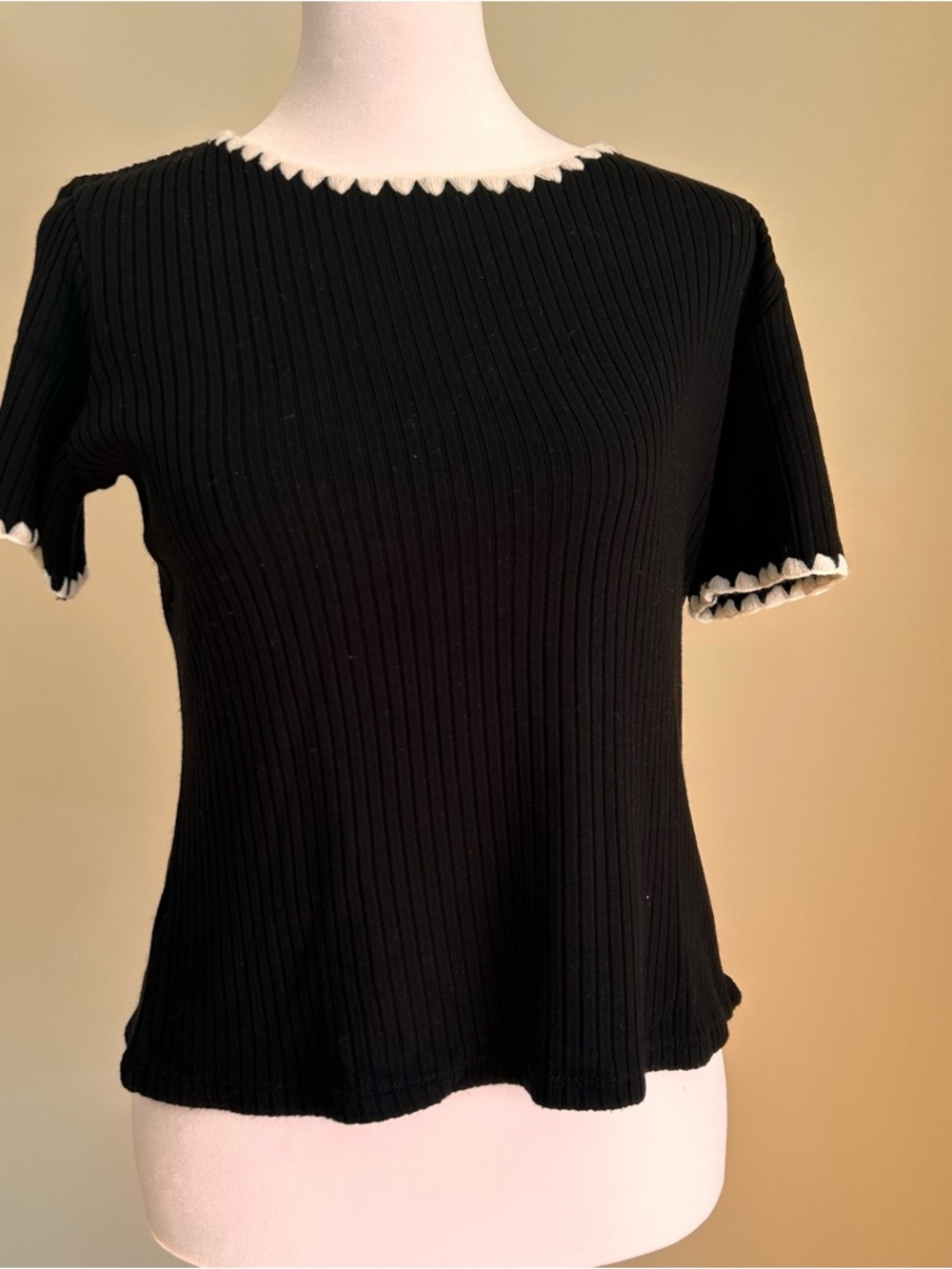 Zara Ribbed Short-Sleeve Top with White Scalloped Trim Black cottage core